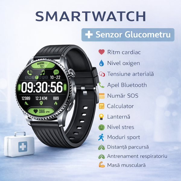 SmartWatch cu Senzor Glucometru, Compozitia Corpului, Grasimi, Apa, Masa Musculara, Tensiune Arteriala, Ritm Cardiac, Lanterna, Calculator, Calendar S851
