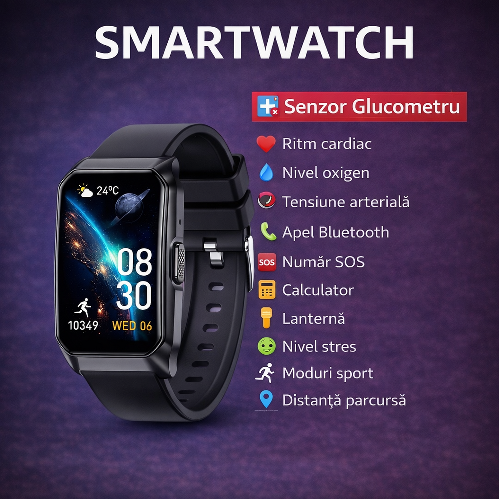 SMARTECH SmartWatch cu Senzor Glucometru, Ritm Cardiac, Nivel Oxigen, Tensiune Arteriala, Apel Bluetooth, Calculator, Moduri Sport, Calorii, Vreme, Ciclu Menstrual, Nivel Stres S833