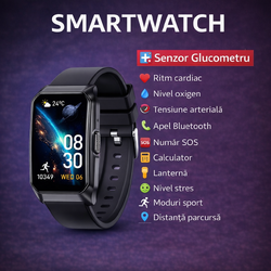 SmartWatch cu Senzor Glucometru, Ritm Cardiac, Nivel Oxigen, Tensiune Arteriala, Apel Bluetooth, Calculator, Moduri Sport, Calorii, Vreme, Ciclu Menstrual, Nivel Stres S833