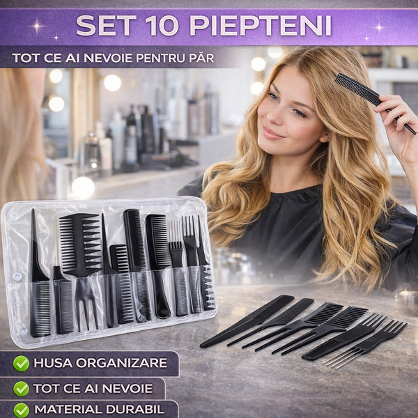 Set 10 Piepteni pentru stilizare cu husa depozitare inclusa
