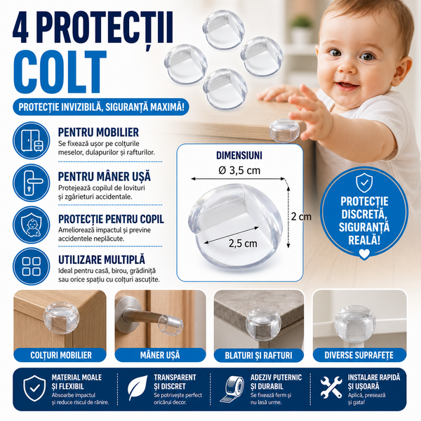 Set 4 sigurante,pentru colturile mobilei, pentru protectia copiilor, Prindere cu Adeziv Puternic