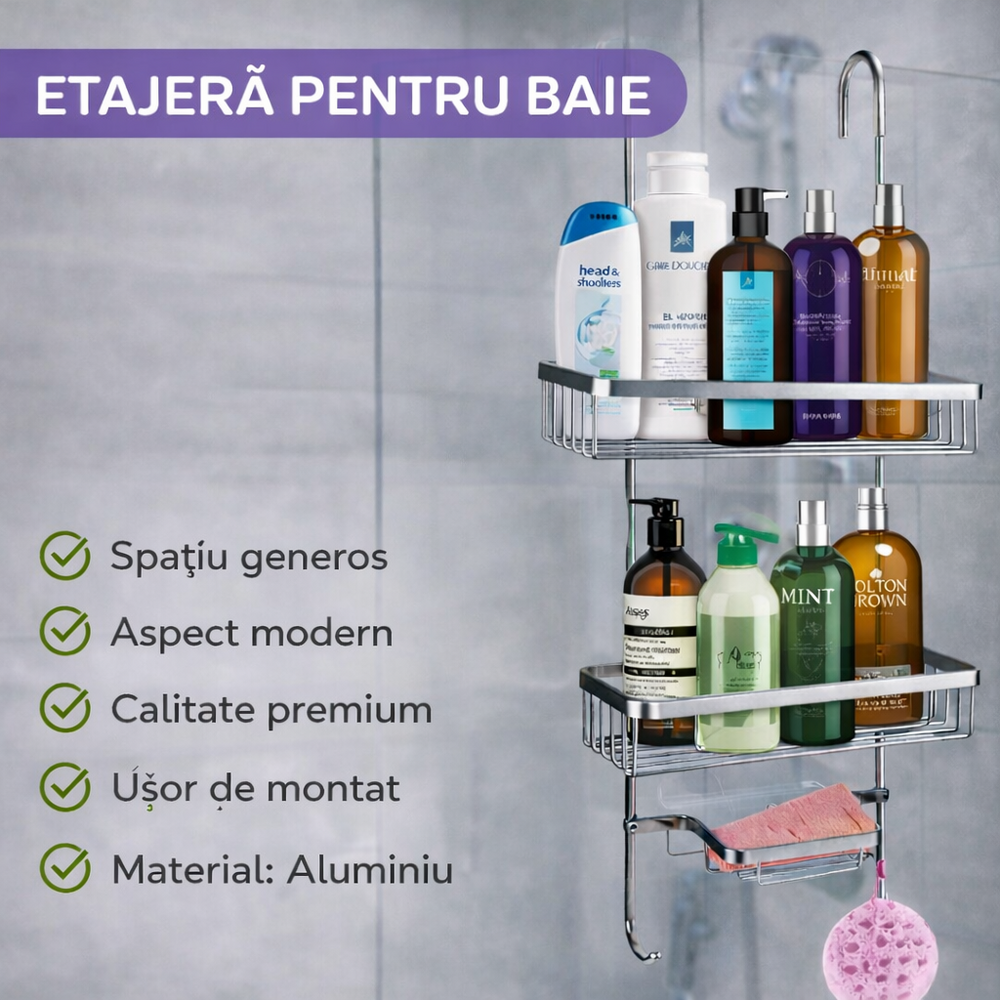 SMARTECH Etajera pentru Baie - Din Aluminiu, Montare prin Suspendare, 3 Compartimente, Argintiu