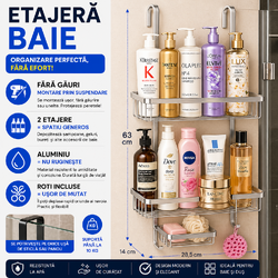 Etajera pentru Baie - Din Aluminiu, Montare prin Suspendare, 3 Compartimente, Argintiu