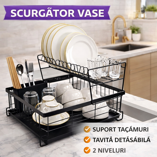 Scurgator de Vase, Doua niveluri, cu Suport Tacamuri si Pahare, Tavita Inclusa, Negru, 43 x 29 x 27 cm