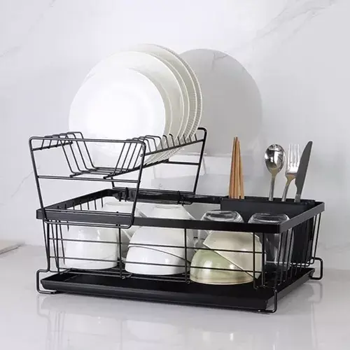 Scurgator de Vase, Doua niveluri, cu Suport Tacamuri si Pahare, Tavita Inclusa, Negru, 43 x 29 x 27 cm