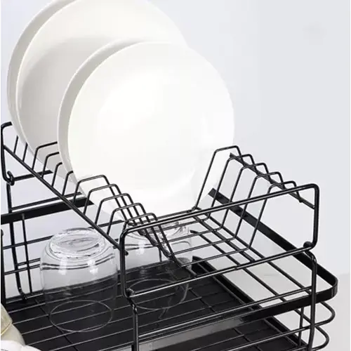 Scurgator de Vase, Doua niveluri, cu Suport Tacamuri si Pahare, Tavita Inclusa, Negru, 43 x 29 x 27 cm