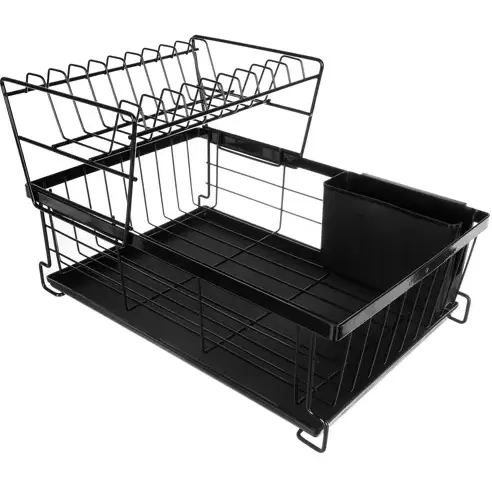 Scurgator de Vase, Doua niveluri, cu Suport Tacamuri si Pahare, Tavita Inclusa, Negru, 43 x 29 x 27 cm