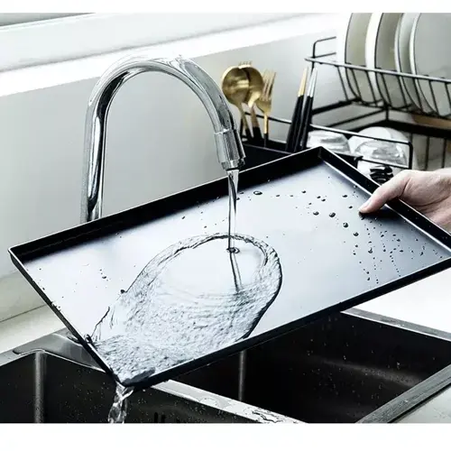Scurgator de Vase, Doua niveluri, cu Suport Tacamuri si Pahare, Tavita Inclusa, Negru, 43 x 29 x 27 cm
