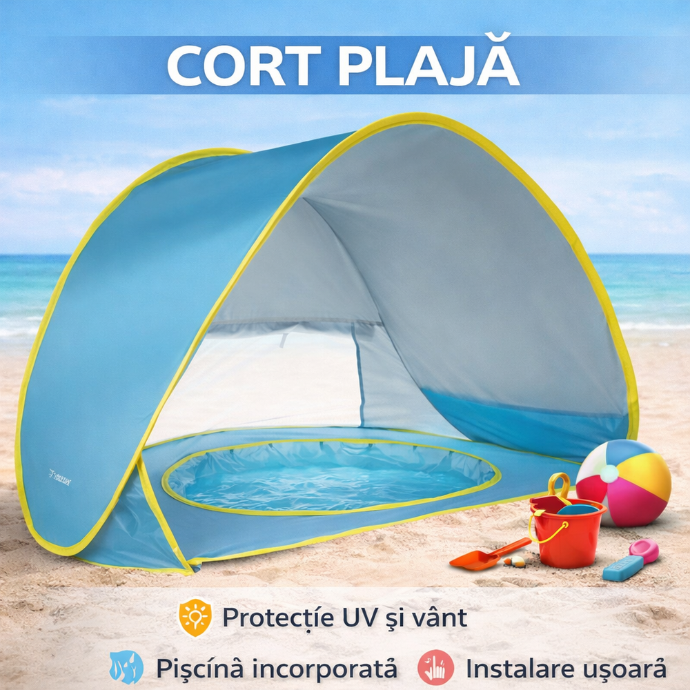 SMARTECH Cort plaja pentru copii cu bazin integrat, POP UP, protectie UV si vant, albastru-galben, 65x115x80cm