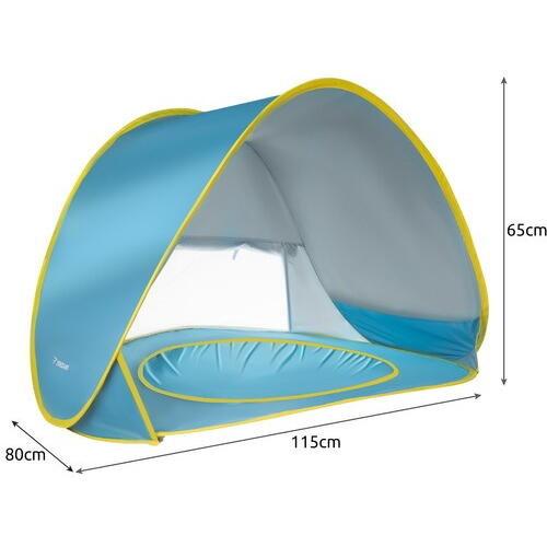 Cort plaja pentru copii cu bazin integrat, POP UP, protectie UV si vant, albastru-galben, 65x115x80cm