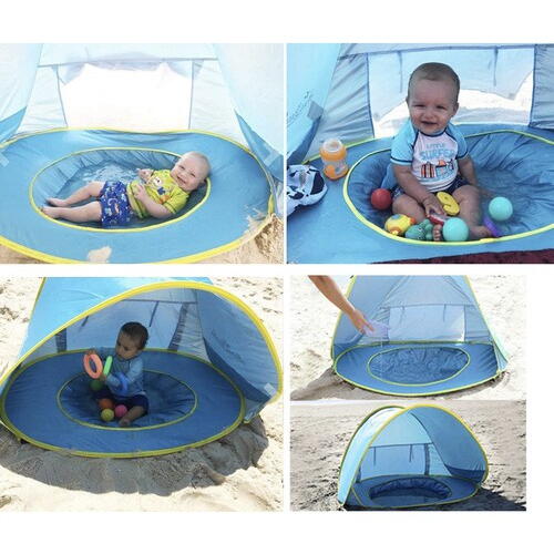Cort plaja pentru copii cu bazin integrat, POP UP, protectie UV si vant, albastru-galben, 65x115x80cm