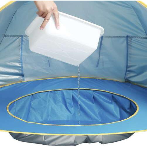 Cort plaja pentru copii cu bazin integrat, POP UP, protectie UV si vant, albastru-galben, 65x115x80cm