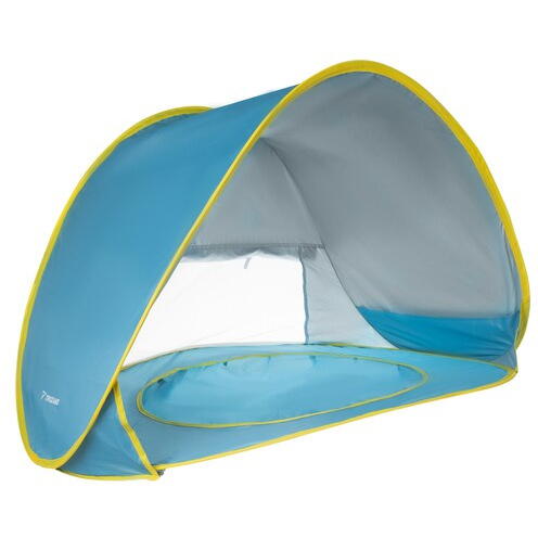 Cort plaja pentru copii cu bazin integrat, POP UP, protectie UV si vant, albastru-galben, 65x115x80cm