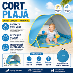 Cort plaja pentru copii cu bazin integrat, POP UP, protectie UV si vant, albastru-galben, 65x115x80cm