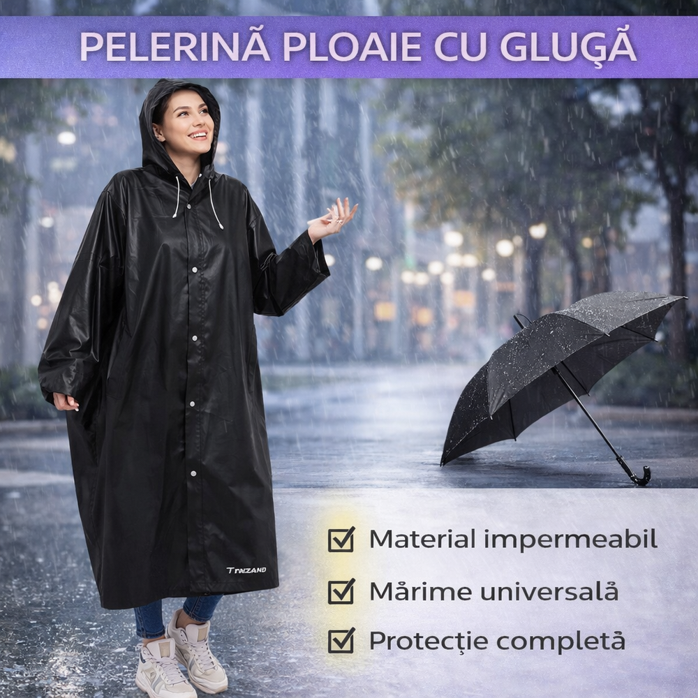 SMARTECH Pelerina de Ploaie Impermeabila , Lungime 110 cm, Confectionata din Material EVA, Prindere cu Capse, Gluga cu snur, Ideal pentru Camping, Drumetii, Pescuit