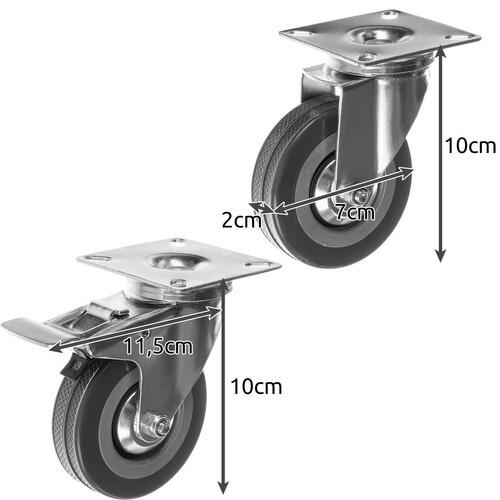 Set 4 roti pivotante industriale cu frana, rotire 360°, argintiu si gri