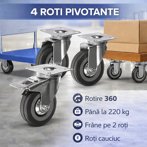 Set 4 roti pivotante industriale cu frana, rotire 360°, argintiu si gri