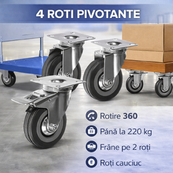Set 4 roti pivotante industriale cu frana, rotire 360°, argintiu si gri