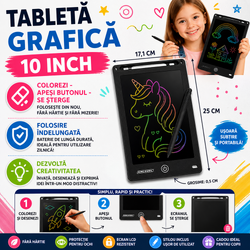 Tableta grafica de desenat pentru copii 10" diagonala, Drawing Tablet, Cu Buton De Stergere, Creion Inclus, Negru