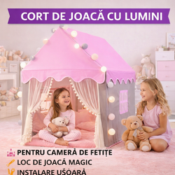 Cort de joaca pentru fetite cu lumini LED incluse, tip casa, cu ferestre, interior / exterior, 130 x 100 x 115 cm, Roz