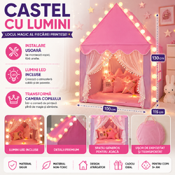 Cort de joaca pentru fetite cu lumini LED incluse, tip casa, cu ferestre, interior / exterior, 130 x 100 x 115 cm, Roz