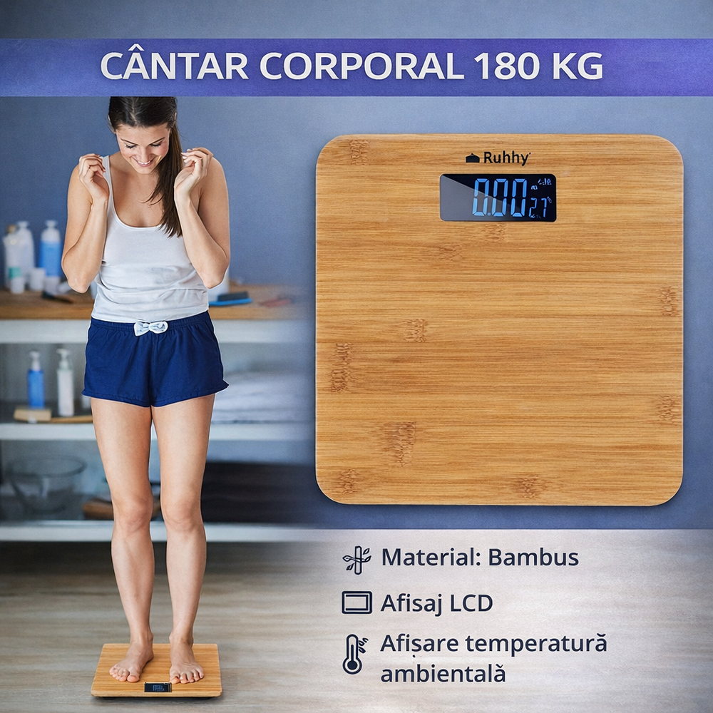 SMARTECH Cantar corporal electronic din bambus, 180 kg, LCD, 28x28x3 cm, Oprire Automata
