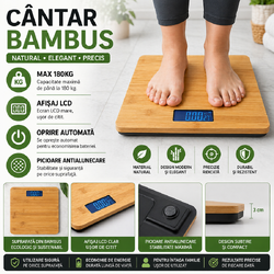 Cantar corporal electronic din bambus, 180 kg, LCD, 28x28x3 cm, Oprire Automata
