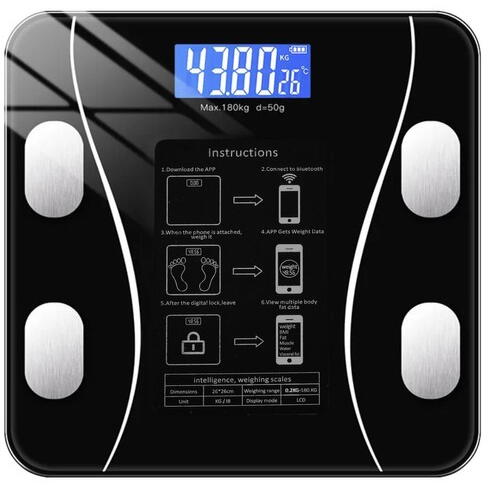 Cantar corporal inteligent, cu diagnostic si termometru, USB, Bluetooth, App pentru fitness, din sticla securizata, LCD, negru