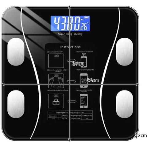 Cantar corporal inteligent, cu diagnostic si termometru, USB, Bluetooth, App pentru fitness, din sticla securizata, LCD, negru