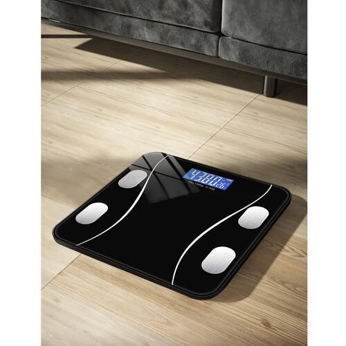 Cantar corporal inteligent, cu diagnostic si termometru, USB, Bluetooth, App pentru fitness, din sticla securizata, LCD, negru