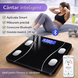 Cantar corporal inteligent, cu diagnostic si termometru, USB, Bluetooth, App pentru fitness, din sticla securizata, LCD, negru