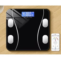 Cantar corporal inteligent, cu diagnostic si termometru, USB, Bluetooth, App pentru fitness, din sticla securizata, LCD, negru