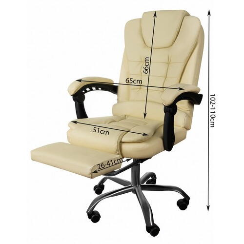 Scaun birou tip Fotoliu cu taburet, Ajustabil, Extensie membre inferioare, Piele ecologica, Otel, Crem