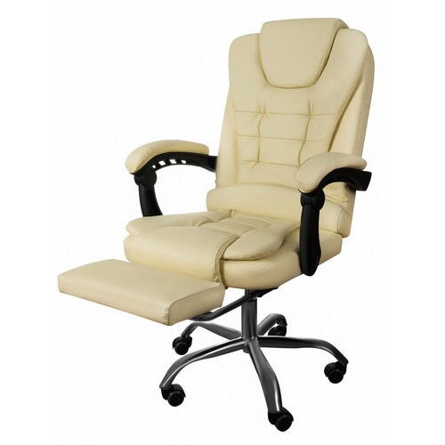 Scaun birou tip Fotoliu cu taburet, Ajustabil, Extensie membre inferioare, Piele ecologica, Otel, Crem