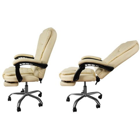 Scaun birou tip Fotoliu cu taburet, Ajustabil, Extensie membre inferioare, Piele ecologica, Otel, Crem