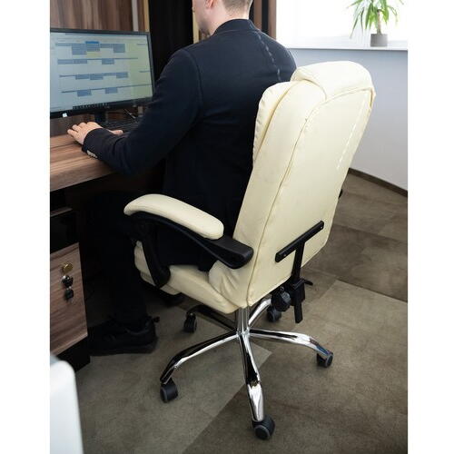 Scaun birou tip Fotoliu cu taburet, Ajustabil, Extensie membre inferioare, Piele ecologica, Otel, Crem