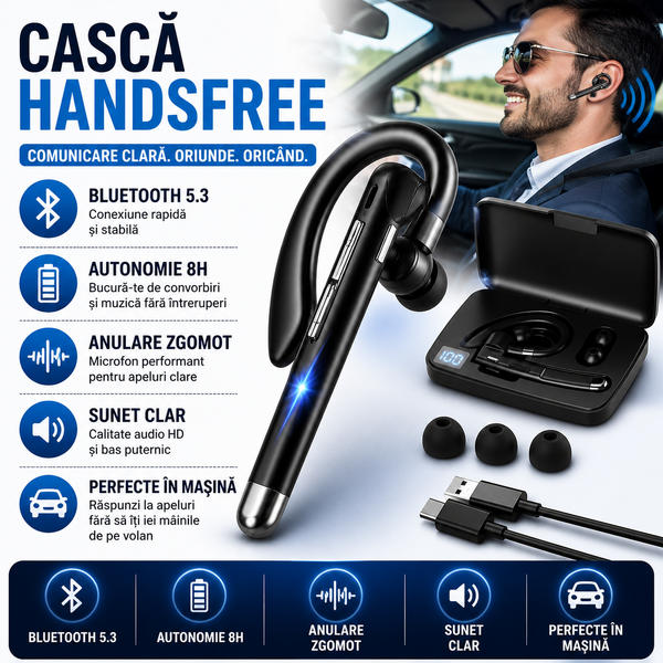 Casca handsfree, Bluetooth 5.1, anulare zgomot CVC 8.0, Carcasa de incarcare