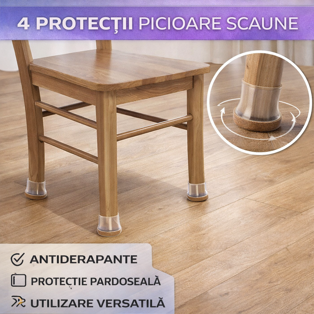 SMARTECH Set 4 protectii picioare mobilier, Anti-derapante, Silicon, Transparente, Rotunde