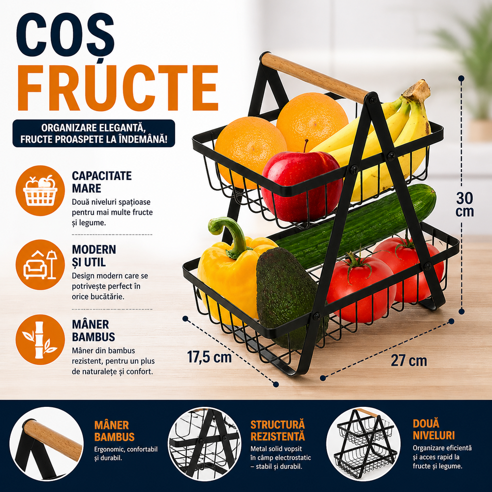 SMARTECH Cos pentru Fructe, cu doua etajere, servire, decor, din metal, maner din lemn, rezistenta ridicata, universal, aerisire ridicata, Negru