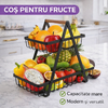 Cos pentru Fructe, cu doua etajere, servire, decor, din metal, maner din lemn, rezistenta ridicata, universal, aerisire ridicata, Negru