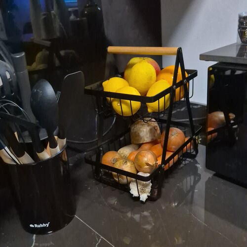 Cos pentru Fructe, cu doua etajere, servire, decor, din metal, maner din lemn, rezistenta ridicata, universal, aerisire ridicata, Negru