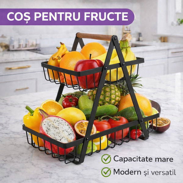 Cos pentru Fructe, cu doua etajere, servire, decor, din metal, maner din lemn, rezistenta ridicata, universal, aerisire ridicata, Negru