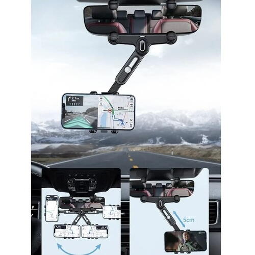 Suport pentru telefon, montare pe oglinda retrovizoare, rotativ la 360 grade, reglare inaltime si latime