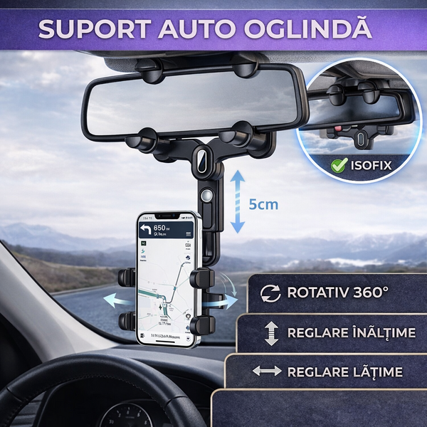 Suport pentru telefon, montare pe oglinda retrovizoare, rotativ la 360 grade, reglare inaltime si latime