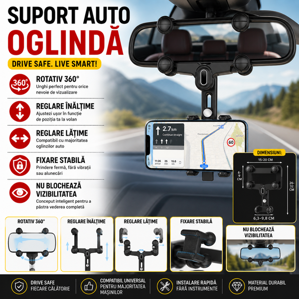 Suport pentru telefon, montare pe oglinda retrovizoare, rotativ la 360 grade, reglare inaltime si latime