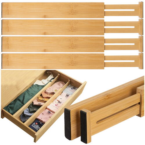 Set 4 organizatoare reglabile pentru sertar, Bambus, pentru baie/bucatarie/dormitor, sistem antialunecare, Natur