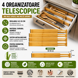 Set 4 organizatoare reglabile pentru sertar, Bambus, pentru baie/bucatarie/dormitor, sistem antialunecare, Natur