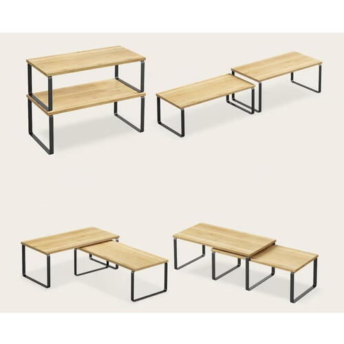 Set 2 Rafturi, Extensibile, Multifunctionale, Diverse Moduri De Aranjare Pentru Bucatarie, Birou, Baie, Bambus/Otel