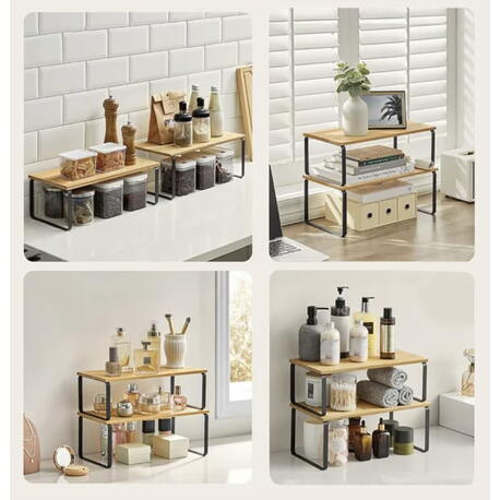 Set 2 Rafturi, Extensibile, Multifunctionale, Diverse Moduri De Aranjare Pentru Bucatarie, Birou, Baie, Bambus/Otel