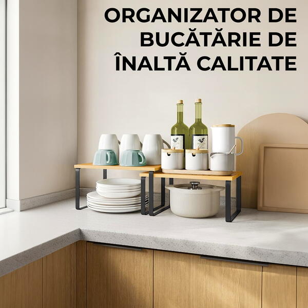 Set 2 Rafturi, Extensibile, Multifunctionale, Diverse Moduri De Aranjare Pentru Bucatarie, Birou, Baie, Bambus/Otel